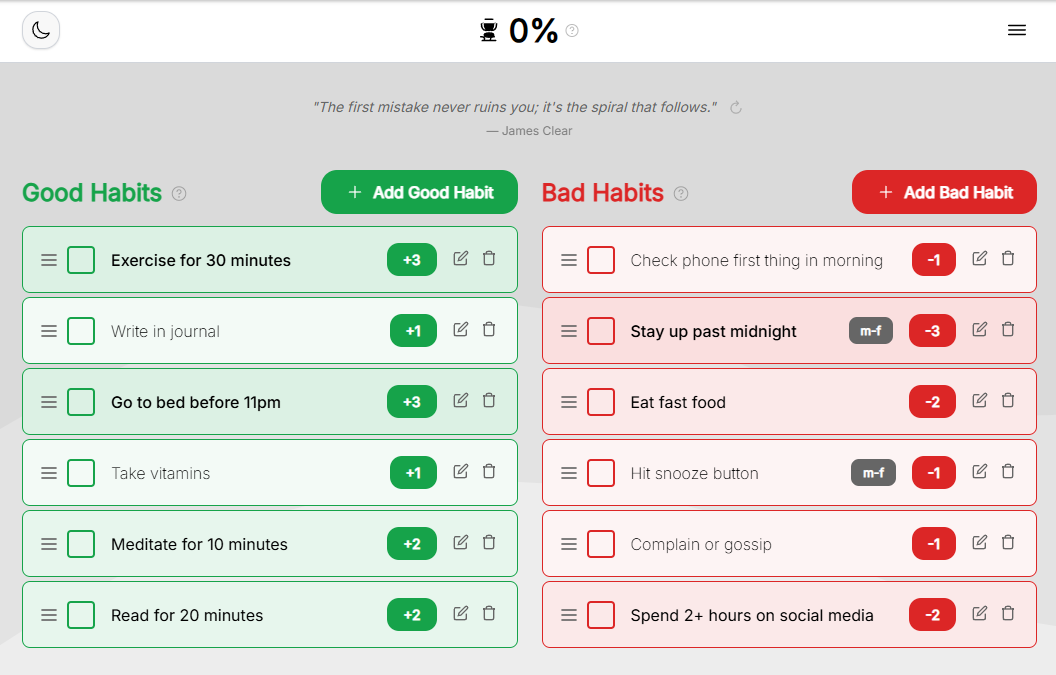 Simple Habit Score App Preview - Habit tracking interface showing daily habits with checkboxes and progress score